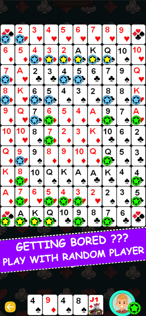 Gameplay of World of Jacks showing a board of cards with colored chips and an online multiplayer banner