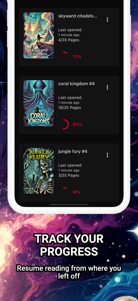 Interface do aplicativo leitor de quadrinhos ComiQuest mostrando o progresso de leitura com porcentagens e contagens de páginas para vários quadrinhos.