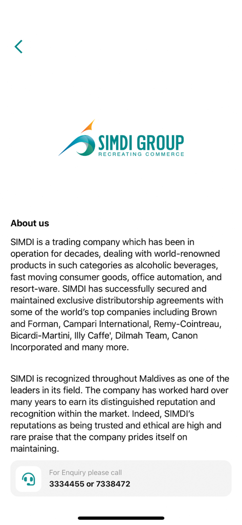 SIMDI Group about us screen featuring company profile and contact information