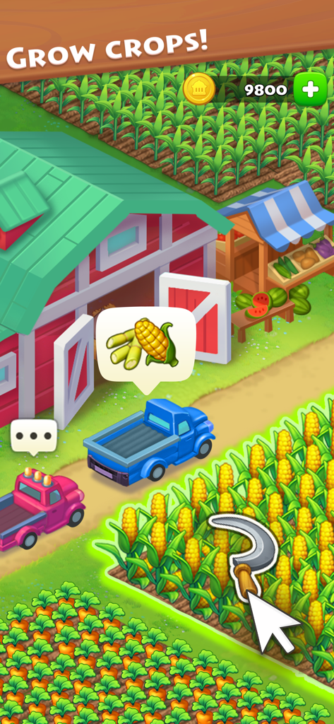 A vibrant farm scene in Township showing fields of corn and carrots being harvested next to a red barn
