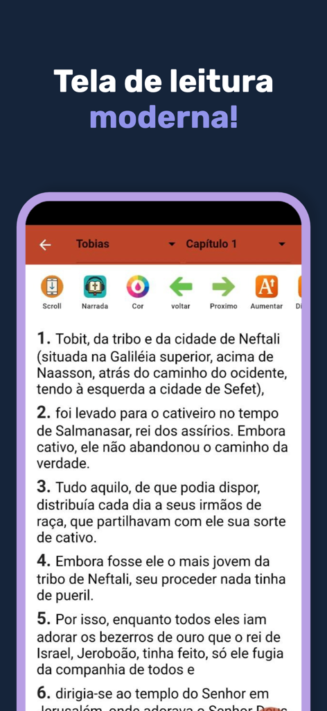 Bíblia Católica IA - Pantalla de lectura moderna de la aplicación Biblia Católica IA con texto bíblico en portugués y herramientas de navegación