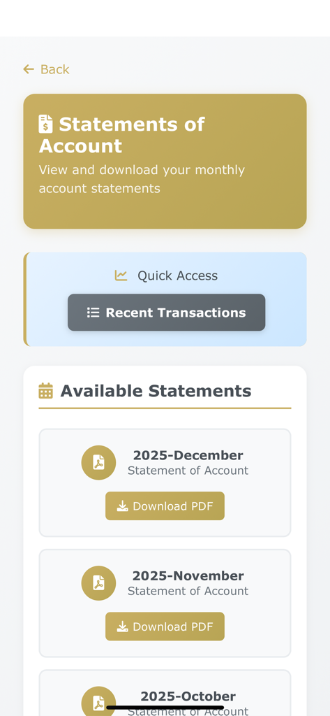 SICC - SICC app screen displaying available monthly account statements and a quick access button for recent transactions