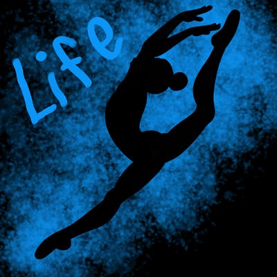 gymnast doing a leap in a leotard with a bent back leg
