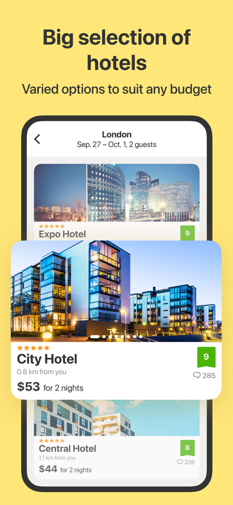 RateHawk: Hotel Booking - Interfaccia dell'app mobile di RateHawk che mostra varie opzioni di hotel a Londra con valutazioni a stelle e prezzi per notte