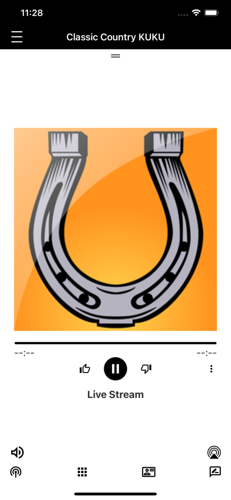 KUKU 100.3 - Interfaz de transmisión en vivo de la aplicación de radio KUKU 100.3 Classic Country con un logotipo de herradura