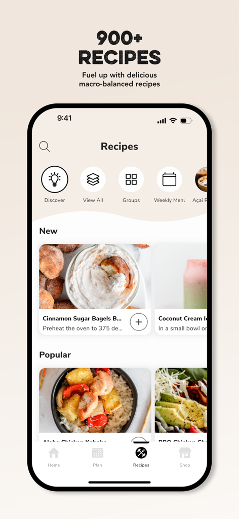 Clean Simple Eats + - Tela de descoberta de receitas do aplicativo Clean Simple Eats mostrando opções de refeições e categorias com equilíbrio de macros