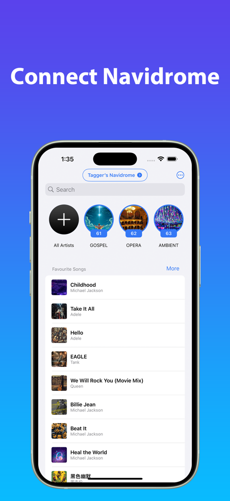 MP3 Tag Pro：Music Tag Editor - MP3 Tag Pro app interface showing Navidrome server connection with categorized music library and favorite songs