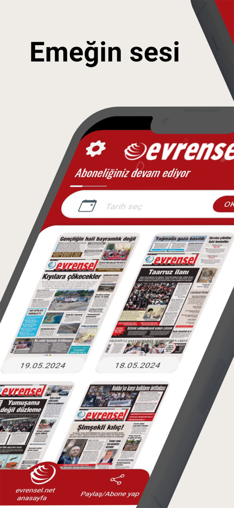 Evrensel Gazetesi - Evrensel Gazetesi mobile app interface showing a digital archive of Turkish daily newspaper covers.