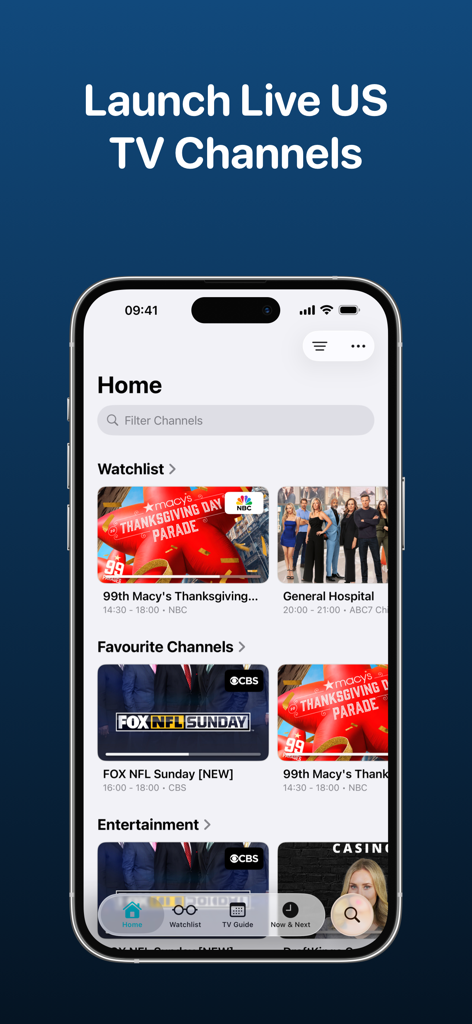 TV Launcher - Live US Channels - iPhone screenshot showing the TV Launcher home screen with live TV listings from NBC, ABC, and CBS.