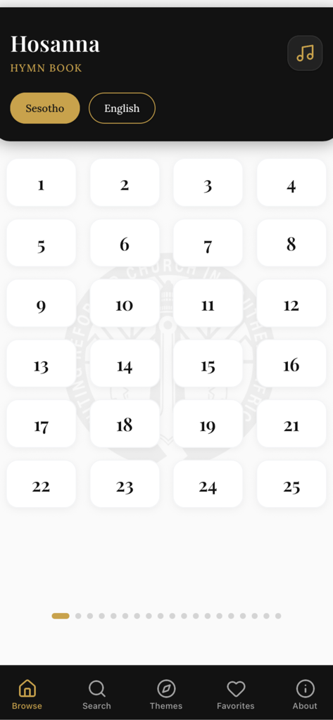 URCSA Hosanna - URCSA Hosanna app interface showing a grid of hymn numbers for easy selection