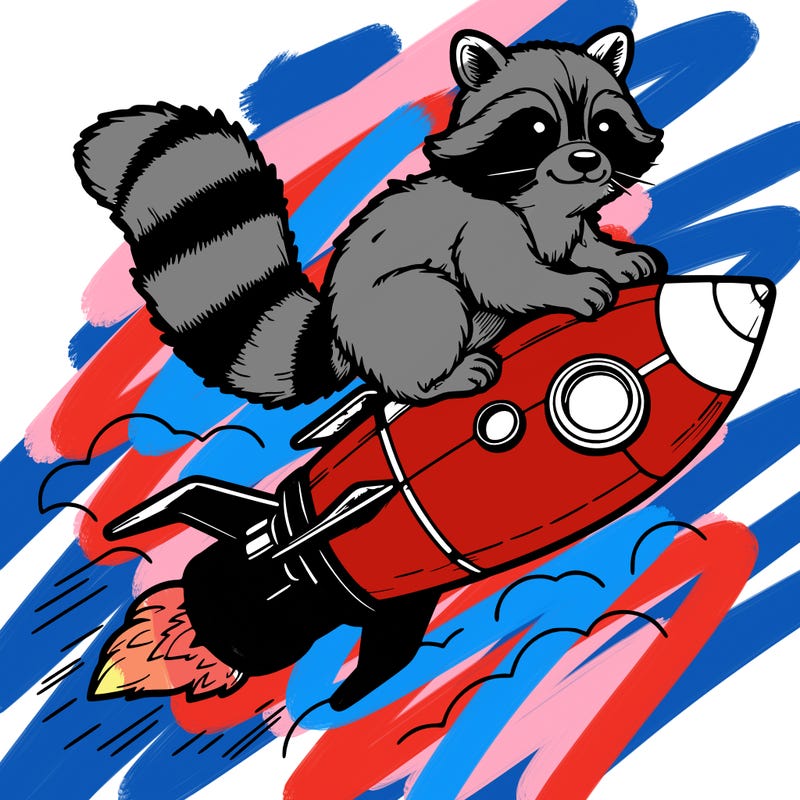 realistic raccoon flying on top rocket ship