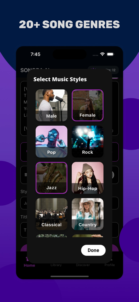 AI Music Generator - Sonora Ai - A mobile interface for selecting music styles in the Sonora AI app featuring genres like Pop Rock and Jazz