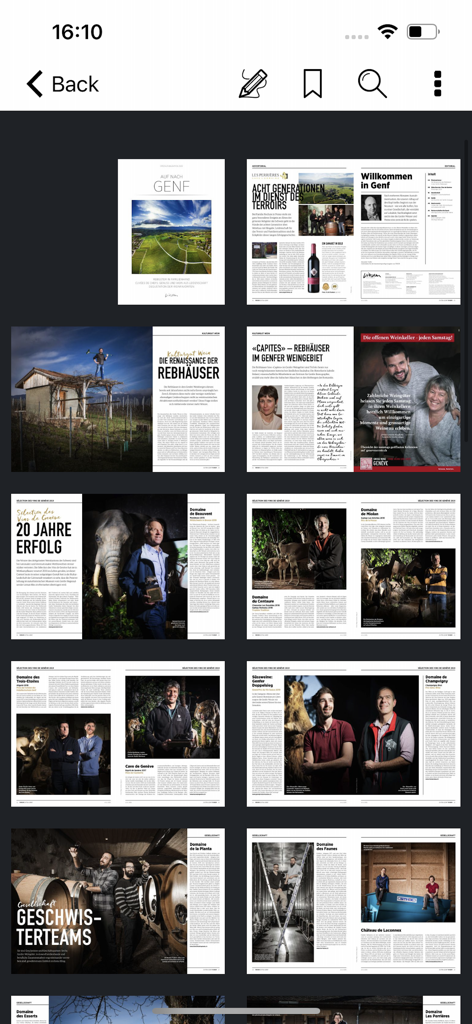 Una visualizzazione a griglia di pagine di riviste digitali all'interno dell'app Swiss Wine con articoli sui vigneti e sui viticoltori di Ginevra.