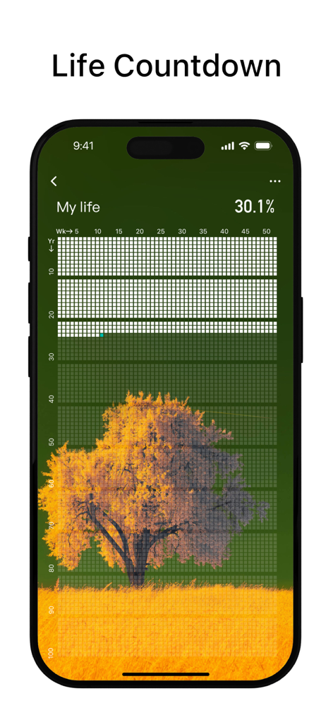 A life countdown grid showing percentage of life lived over a nature background.