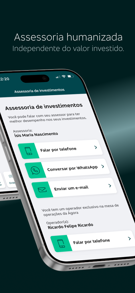 Screen of the Agora investment app showing contact options for professional financial advisors