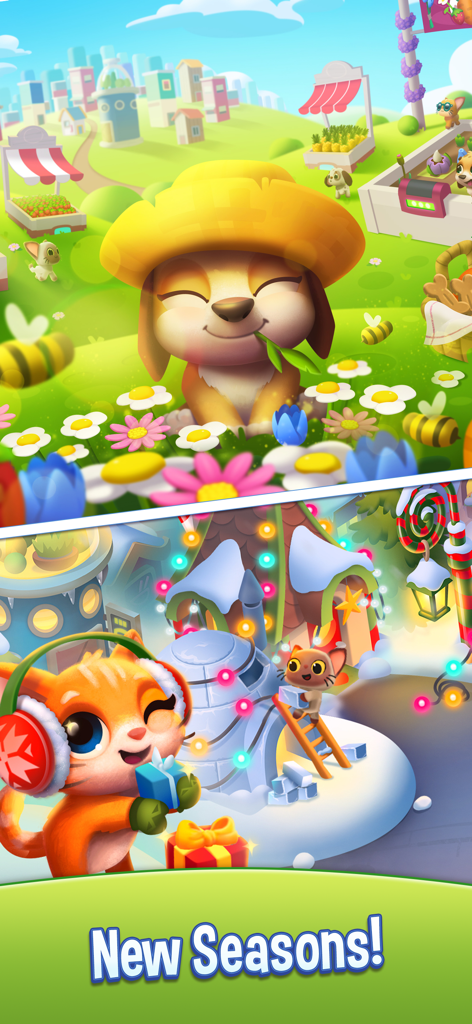 Pet Rescue Saga - Personajes de cachorros y gatos en temas de juego de estaciones de verano e invierno