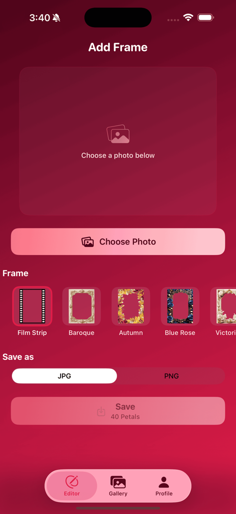 Qiui - Frame Your Moments - Interface do aplicativo Qiui mostrando opções para adicionar molduras artísticas como fita de filme e barroco a uma foto.