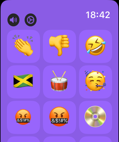 Pantalla del Apple Watch que muestra la caja de resonancia de la aplicación Emoji Sound con varios emojis.