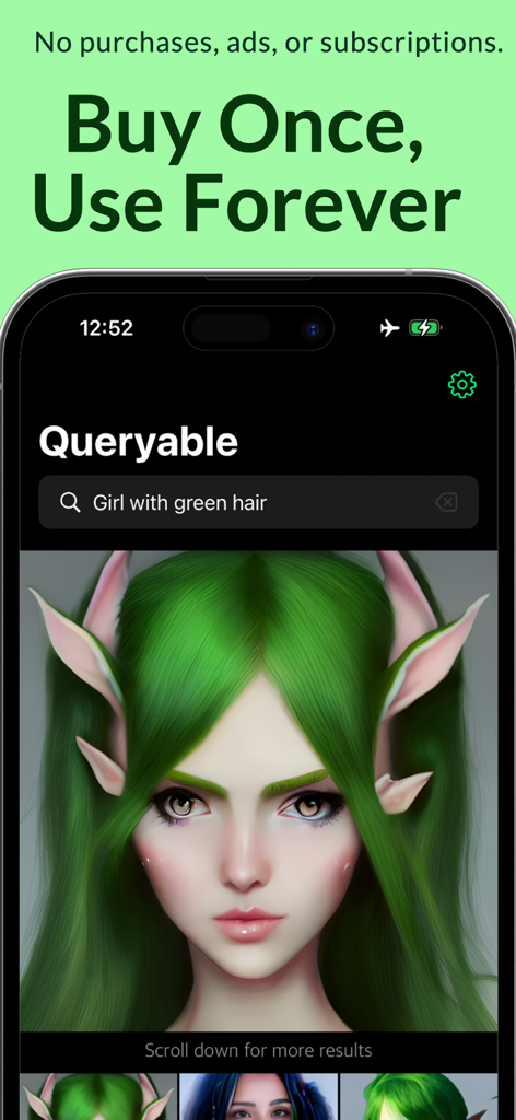 초록 머리 소녀에 대한 시맨틱 검색 결과와 '한 번 구매, 영원히 사용'이라는 헤드라인을 보여주는 Queryable 앱 인터페이스