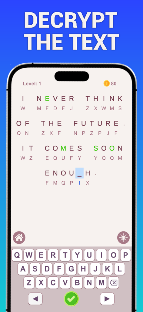 Cryptogram Word Puzzles - Mobile screen showing a cryptogram puzzle where a famous quote is being decrypted using a letter-substitution keyboard.