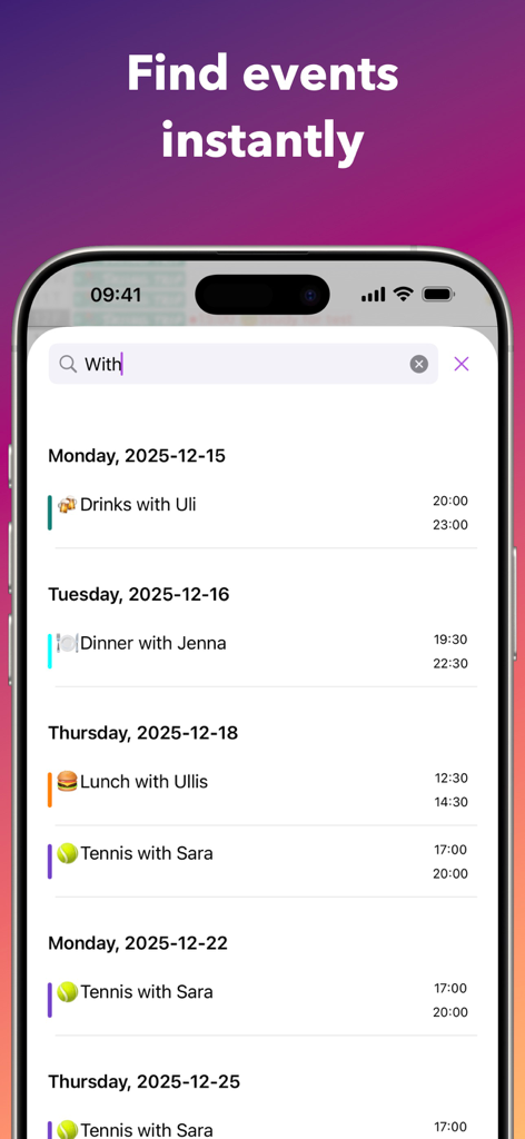 Ein Screenshot der Calendar+ App, der Suchergebnisse für Ereignisse in einer sauberen chronologischen Zeitleistenansicht zeigt.