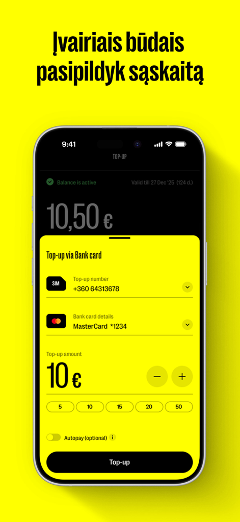 MANO LABAS - MANO LABAS app screen for topping up prepaid mobile balance via bank card