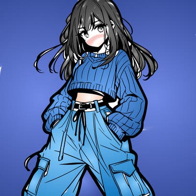anime teen girl with baggy pants and crop top with sweater