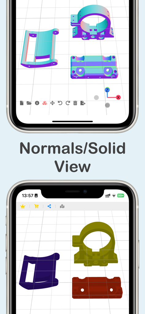 3D Model Viewer & Converter - Screenshot of the 3D Model Viewer app displaying technical components in normals and solid view modes on an iPhone.