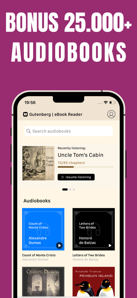 Gutenberg eBook Reader interface displaying a collection of classic audiobooks