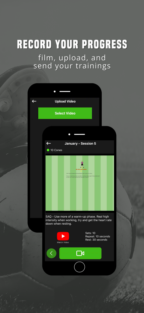 The Goalkeeper App - Screenshot der Torwart-App, der zeigt, wie Spieler ihre Fußballtrainingseinheiten für Feedback aufnehmen und hochladen können