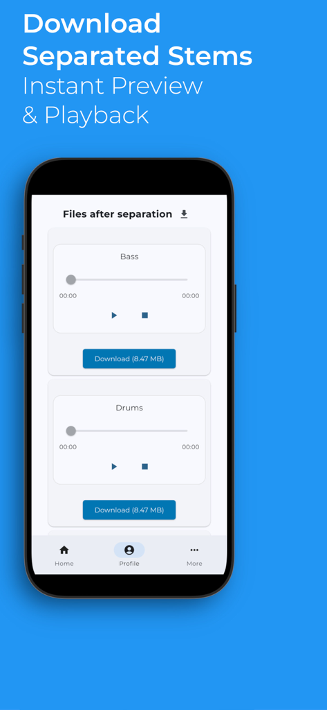 MVSEP - A smartphone screen of the MVSEP app showing separated audio stems for bass and drums ready for preview and download.