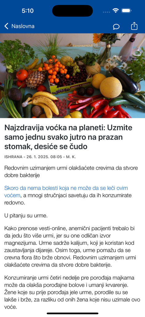 Krstarica forum, vesti, zabava - La aplicación Krstarica mostrando un artículo de estilo de vida sobre los beneficios para la salud de comer dátiles
