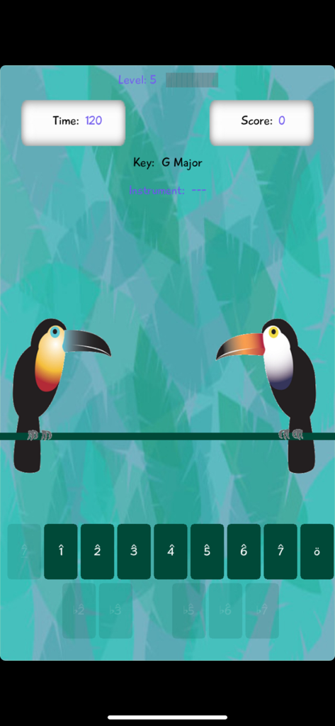 Theta Music Trainer - Interfaz del juego de entrenamiento auditivo de Theta Music Trainer con dos tucanes y botones de grados de escala musical