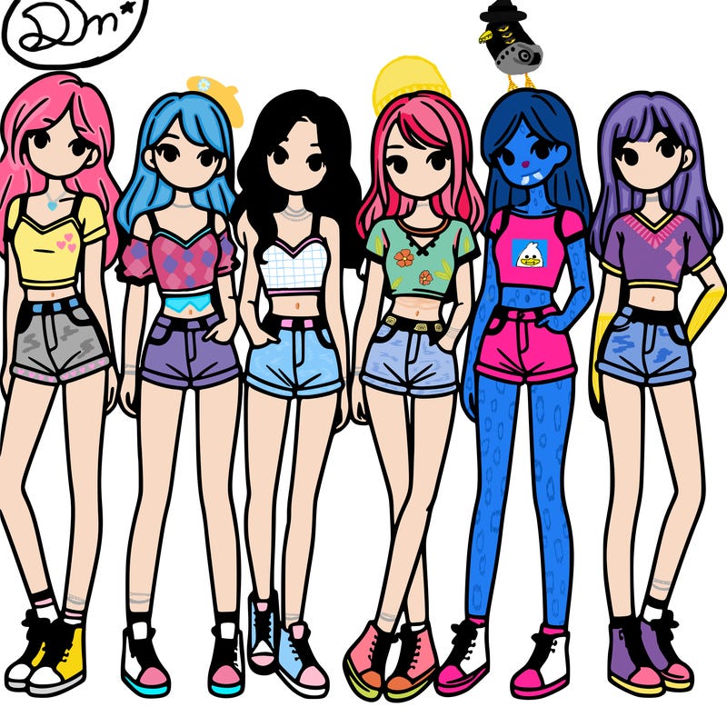 a group of girls wearing crop tops and shorts