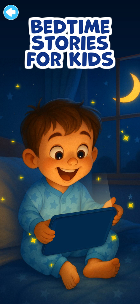 Ein glückliches Kind in blauem Sternenpyjama liest nachts auf einem leuchtenden Tablet im Bett Geschichten