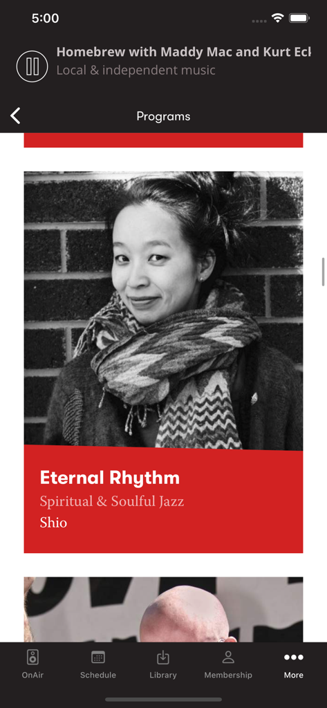 PBS FM - The PBS FM app Programs screen featuring the Eternal Rhythm jazz show hosted by Shio.