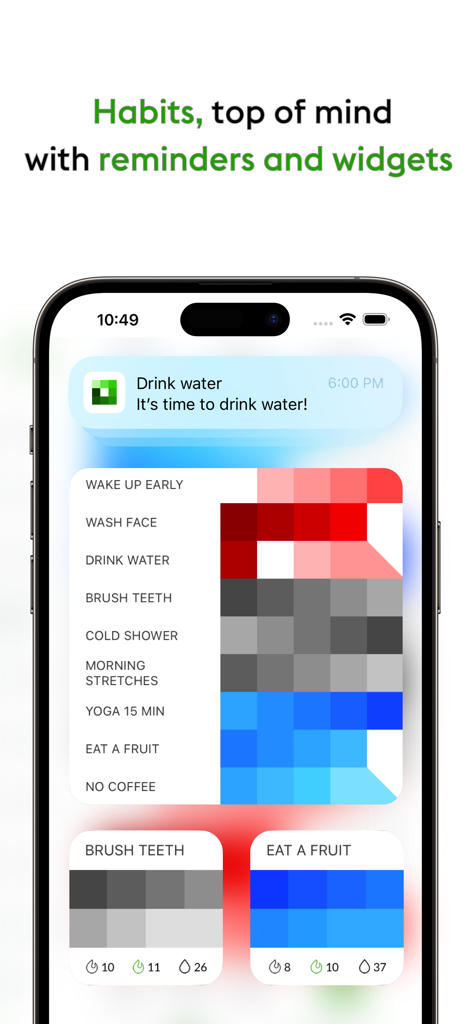 everyday habit tracker app showing an iphone notification and home screen widgets with habit streaks