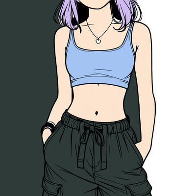 realistic girl wearing a crop top and a baggy pair of cargo pants
