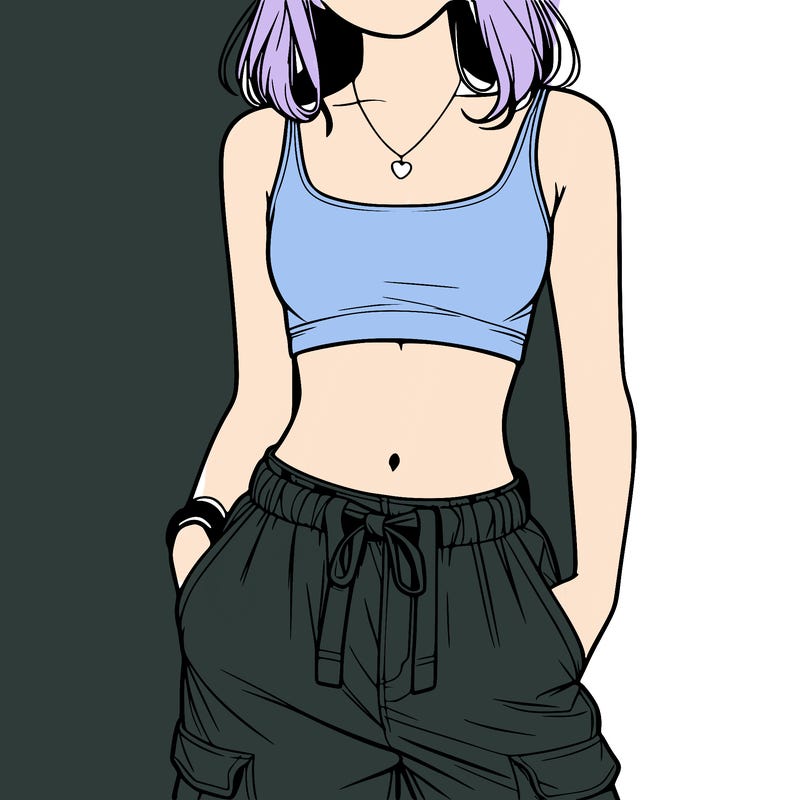 realistic girl wearing a crop top and a baggy pair of cargo pants