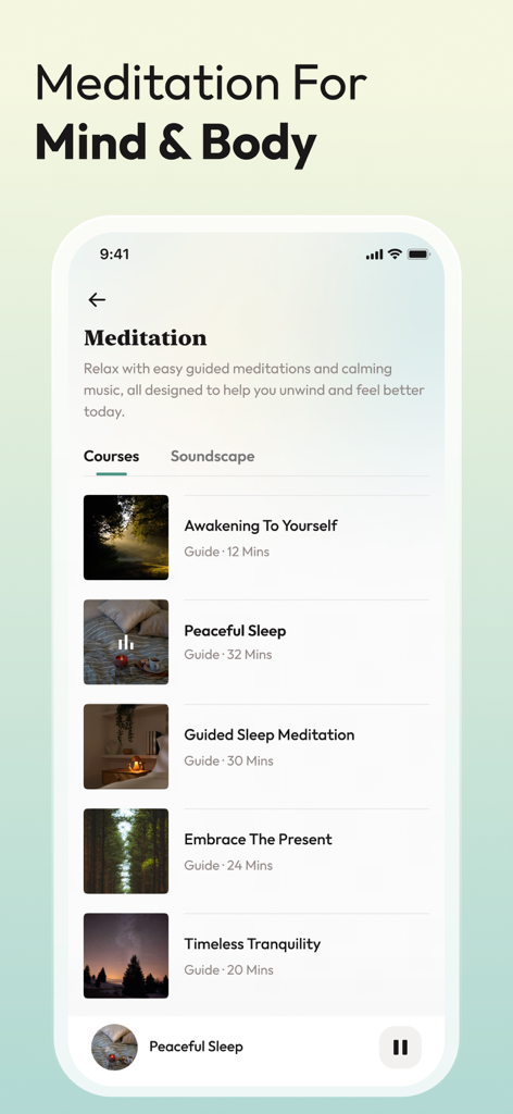 Yoga Fit | Yoga for Beginners - The meditation courses screen in the Yoga Fit app showing guided sessions for sleep and relaxation.