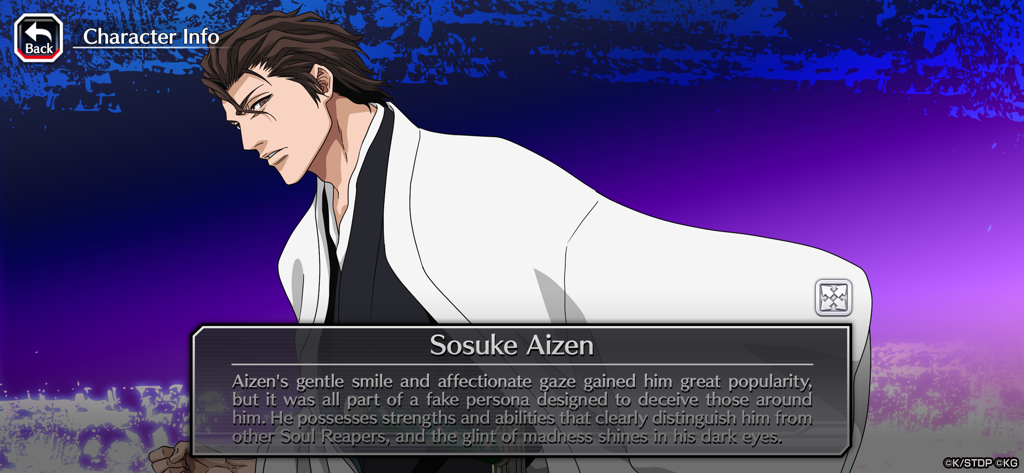 Bleach: Brave Souls Anime Game - Character info screen for Sosuke Aizen in the Bleach Brave Souls mobile game