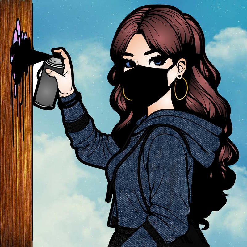 realistic girl with mask spray painting a wall