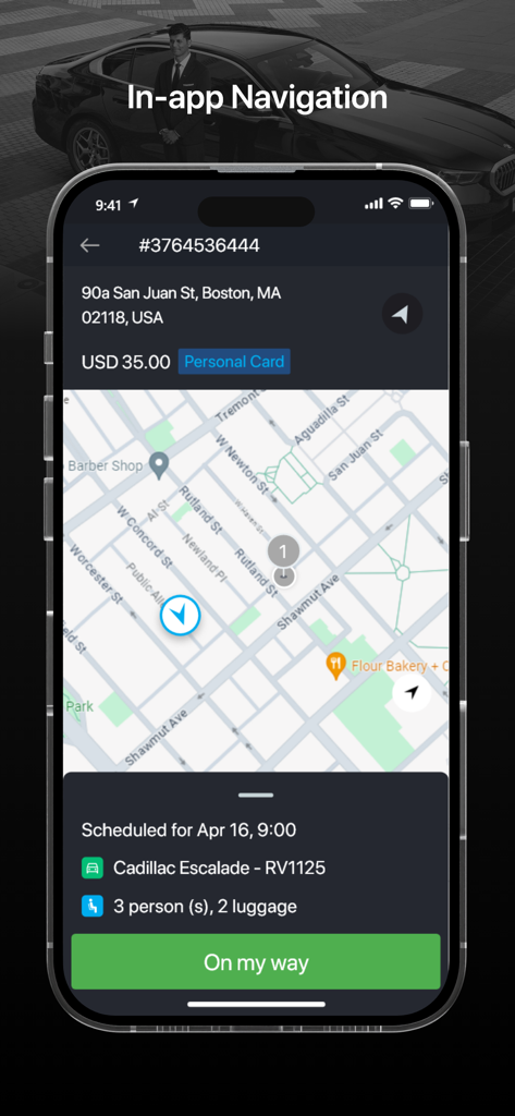 LIMO - Driver App - LIMO Driver app interface showing in-app navigation and trip details for a scheduled Cadillac Escalade ride in Boston