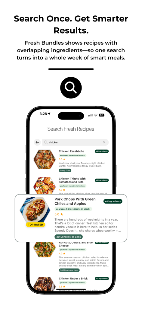 Fresh: Your Personal Chef - Pantalla de la aplicación Fresh que muestra resultados de búsqueda de recetas con seguimiento del inventario de ingredientes y paquetes de planificación de comidas.