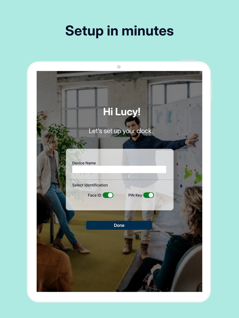 Setup screen for Auris Time Clock on an iPad featuring Face ID and PIN identification options.