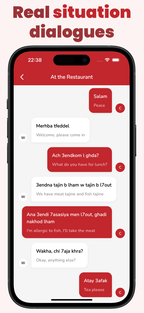 GoDarija Learn Moroccan Arabic - GoDarija mobile app showing a restaurant conversation in Moroccan Arabic and English