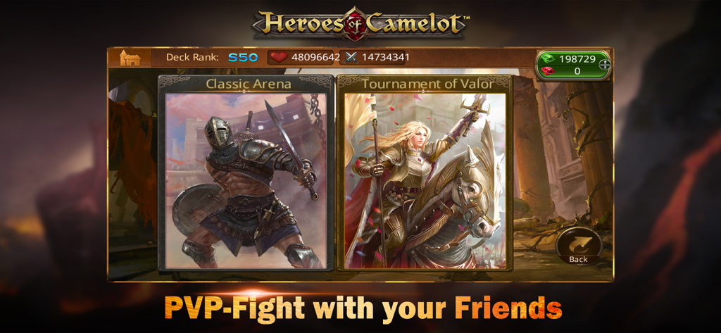 Heroes of Camelot - Heroes of Camelot game screen displaying Classic Arena and Tournament of Valor PvP modes