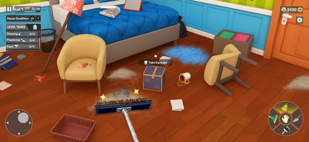 Dream House Design: Home Games - Cleaning a messy bedroom in the Dream House Design mobile game