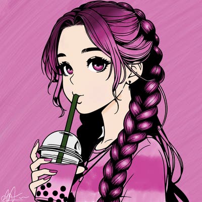 realistic girl with braided hair drinking boba