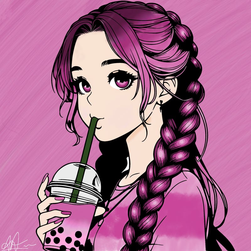 realistic girl with braided hair drinking boba